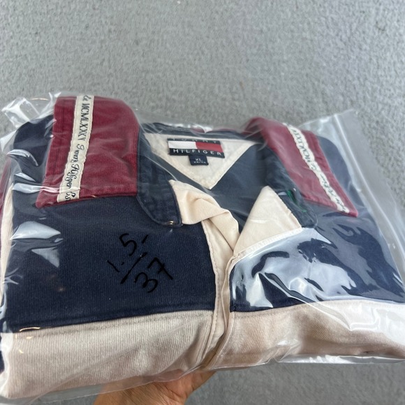 Vintage Tommy Hilfiger Rugby Shirt XL Navy Cream Striped Mens - Picture 11 of 11